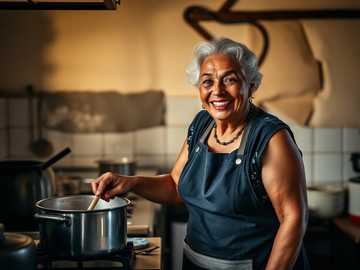 Cozinheira sorrindo enquanto mexe a panela na cozinha da Toca do Caboclo